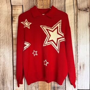 St. John Collection Red Star Intarsia Sweater Holiday Christmas Vintage Medium